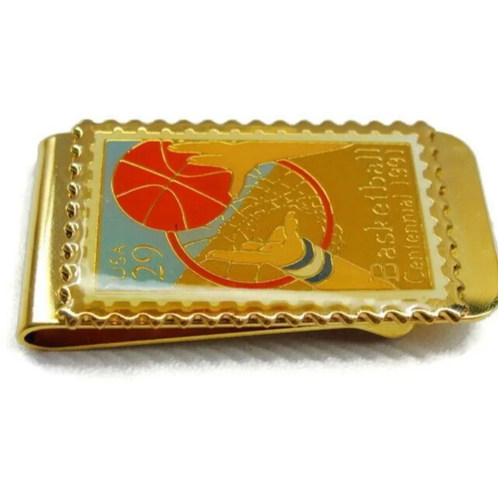 Basketball Centennal 1991 Stamp USA 29 Golden Cash Holder Wallet Vtg Money Clip
